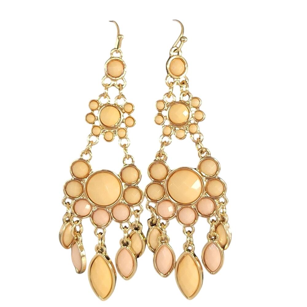 Gold Tone Dangle Earrings Peach Chandelier Drop Statement Pierced, Free Gift Bag